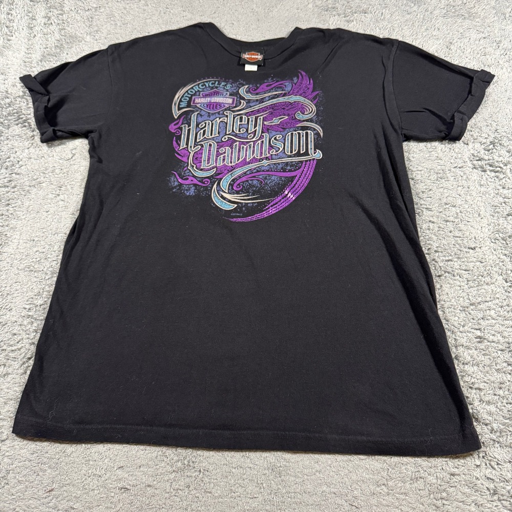 Harley Davidson Women Graphic T Shirt Large Black Wild West Lubbock TX Purple